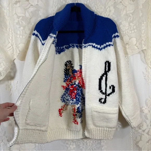 Vintage 70s Cowichan Blue and White Zip-Up Cardigan Music Dancer Size Medium - Picture 8 of 9